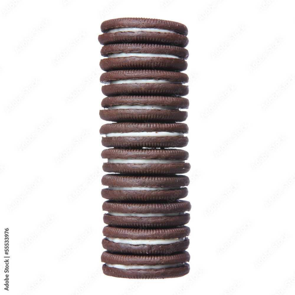 Chocolate cookies with cream filling tower isolated Chocolate cookies with cream filling tower isolated