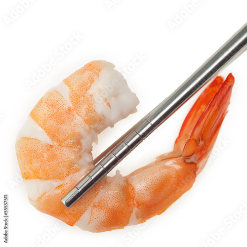 Shrimp with chopsticks isolated on white background