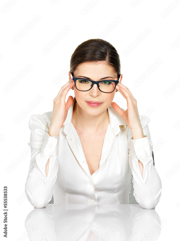 Portrait of a young woman in glasses with headache Portrait of a young woman in glasses with headache
