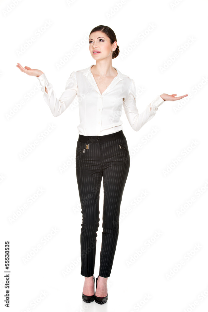 Young smiling woman choices between something Young smiling woman choices between something