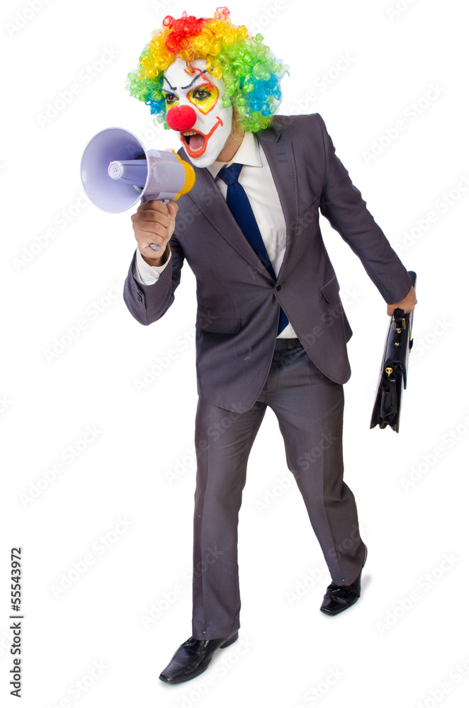 Businessman clown with loudspeaker on white Businessman clown with loudspeaker on white