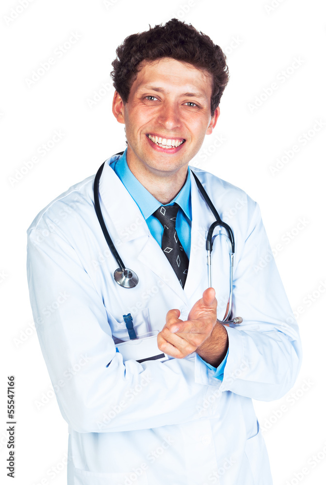 Portrait of a smiling male doctor with finger up on white Portrait of a smiling male doctor with finger up on white