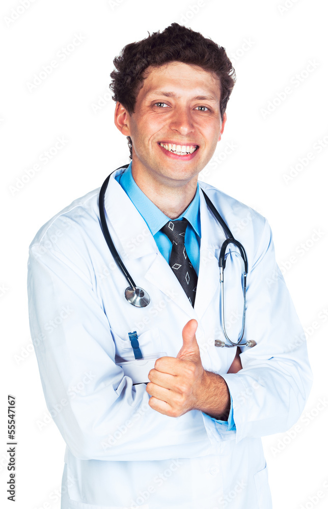 Portrait of a smiling male doctor with finger up on white Portrait of a smiling male doctor with finger up on white