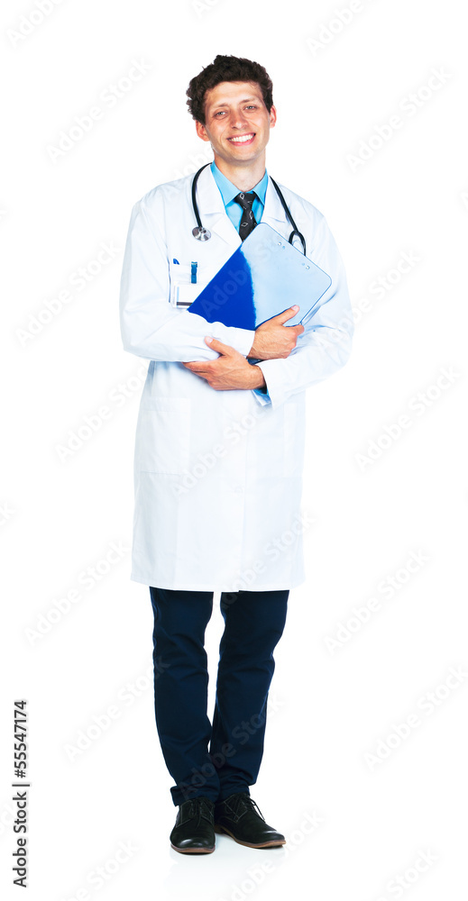 Full length portrait of a smiling male doctor holding a notepad Full length portrait of a smiling male doctor holding a notepad