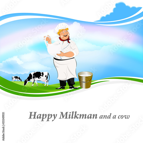 Happy Milkman with a jug of milk and a cow on a green meadow