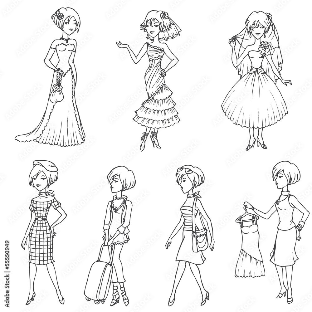 Set of Fashion Girls - hand drawn in vector Set of Fashion Girls - hand drawn in vector