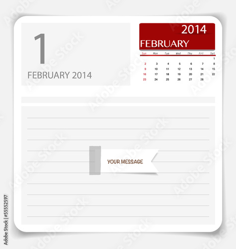 Simple 2014 calendar, February. Vector illustration.