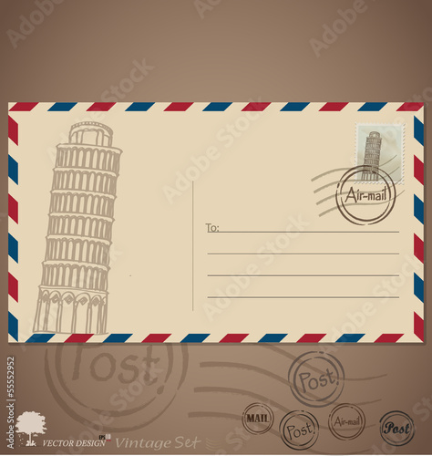 Vintage envelope designs with postage stamp. Vector illustration