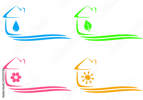 icons of eco house, heating and water drop and place for text