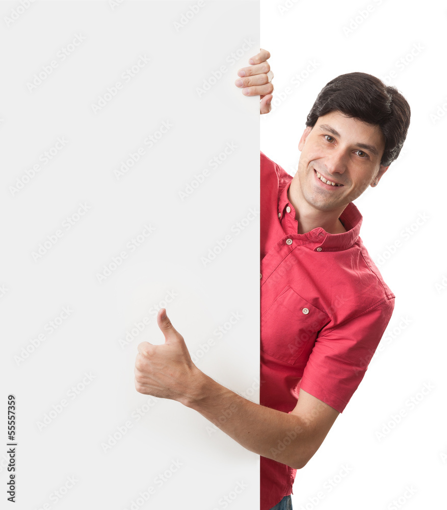 happy smiling man holds a blank board and shows thumbs up happy smiling man holds a blank board and shows thumbs up