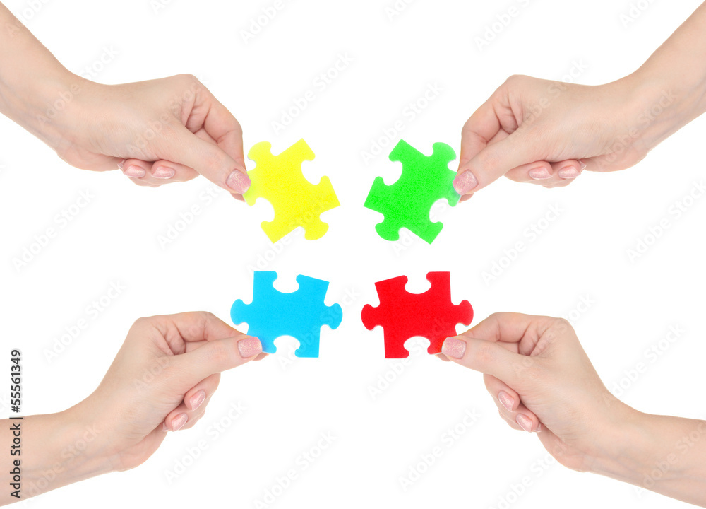 Four hands holding colorful puzzle, isolated on white Four hands holding colorful puzzle, isolated on white