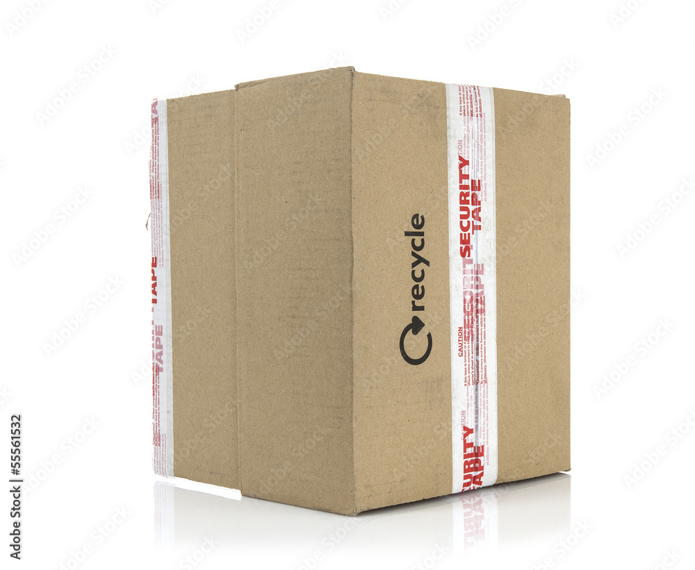 Cardboard Box with broken security seal on white background Cardboard Box with broken security seal on white background