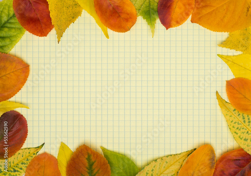 School notebook and frame of autumn leaves