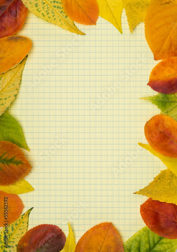 School notebook and frame of autumn leaves