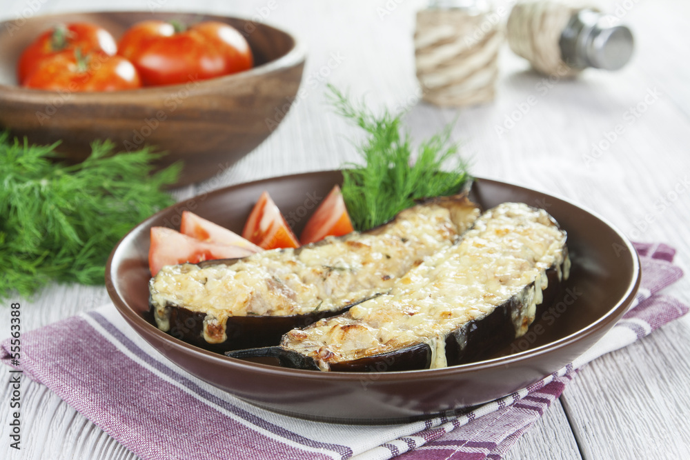 Eggplant baked with meat and cheese