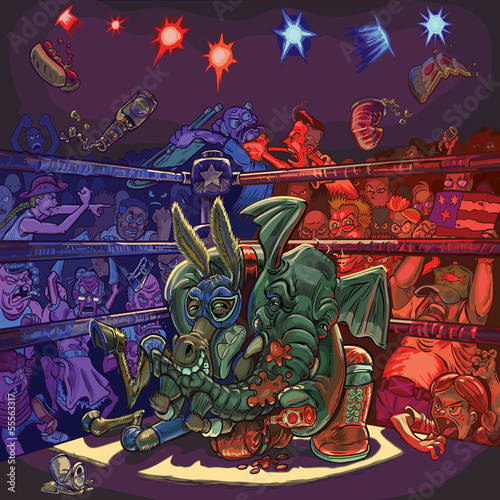 Political Cartoon of Elephant Wrestling Donkey with Angry Crowd