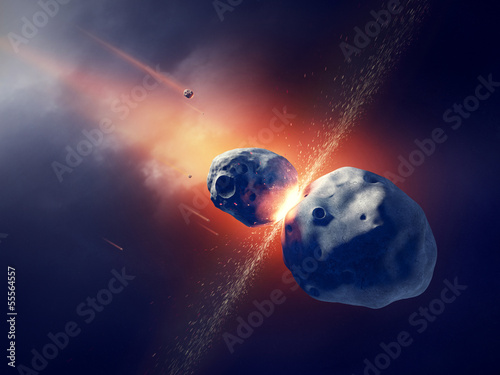 Asteroids collide and explode in space