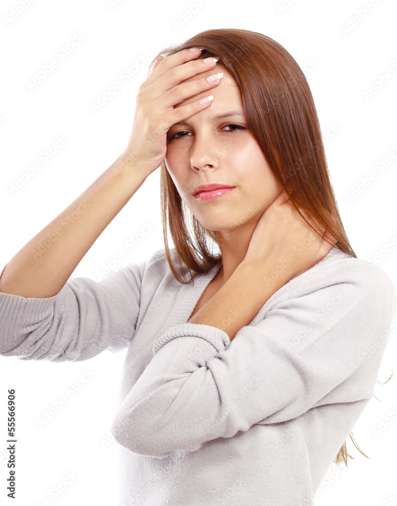 Young woman with head pain on white background Young woman with head pain on white background