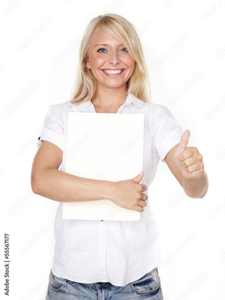 Girl with application file showing thumb up Girl with application file showing thumb up