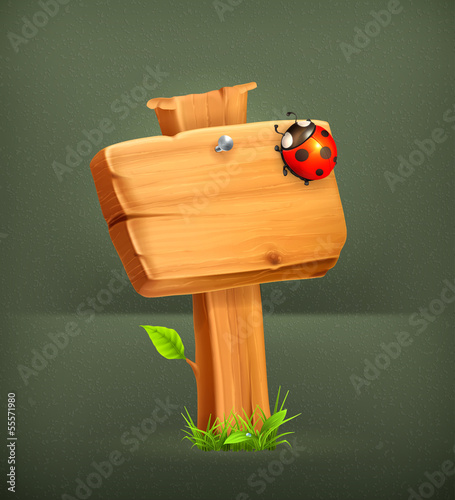Ladybug on wooden sign, vector