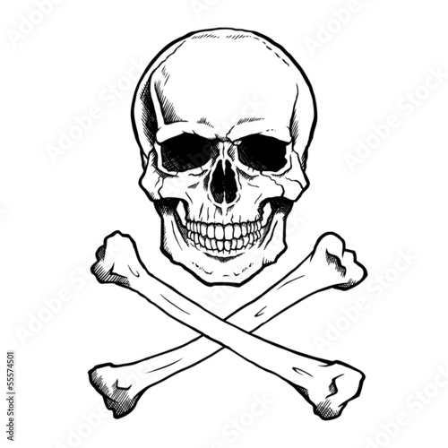 Black and white human skull and crossbones.