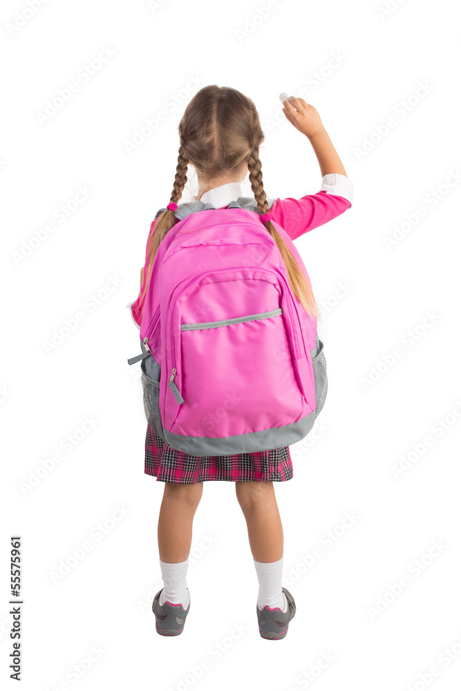 Little girl in pink school uniform with a backpack Little girl in pink school uniform with a backpack