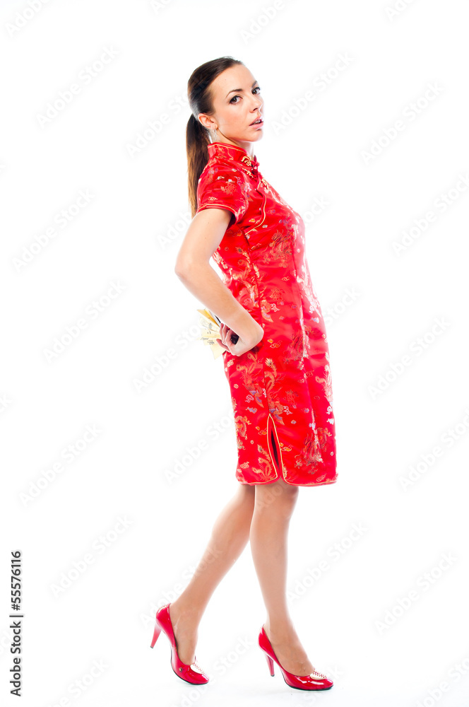 young and beautiful woman in a red Chinese dress young and beautiful woman in a red Chinese dress