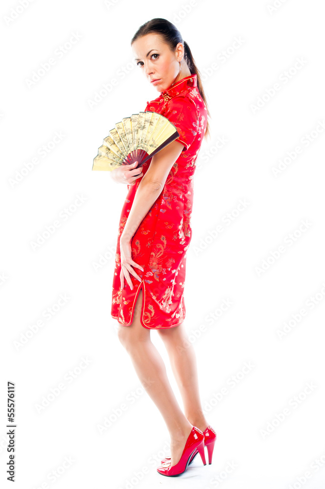 young and beautiful woman in a red Chinese dress
