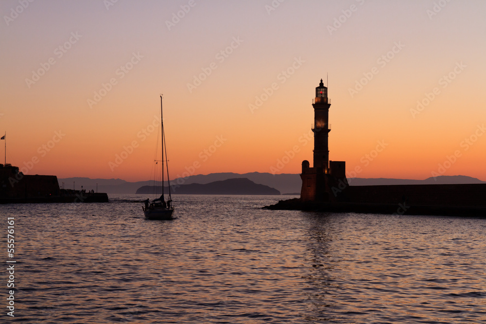 Lighthouse at Chania, Crete at sunset