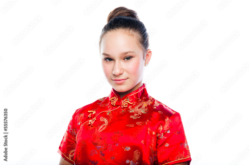 young and beautiful woman in a red Chinese dress young and beautiful woman in a red Chinese dress