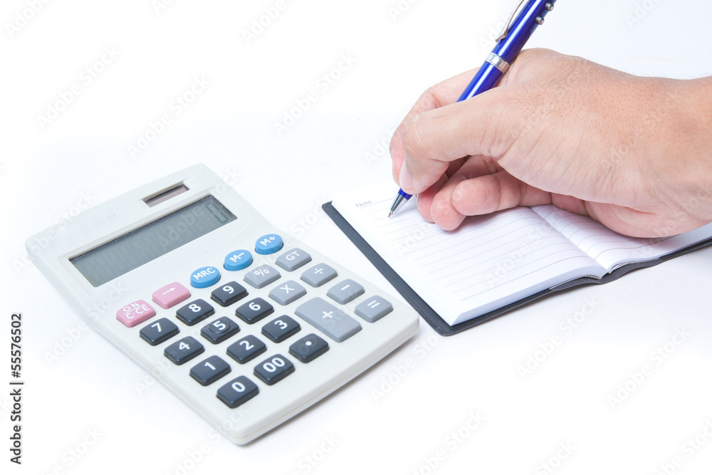 hand write on note with calculator on white hand write on note with calculator on white