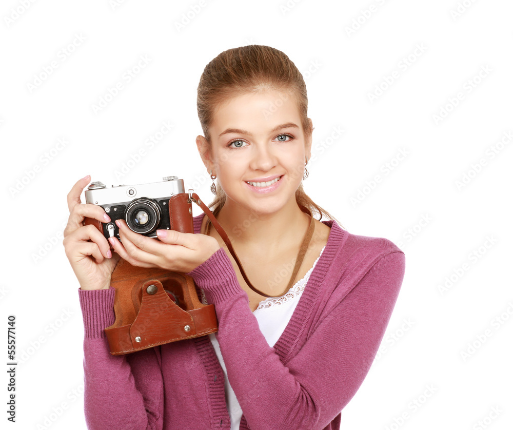 Beautiful young woman with camera. isolated on white background Beautiful young woman with camera. isolated on white background