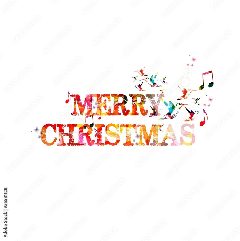 Fototapeta premium Colorful merry christmas word vector with hummingbirds