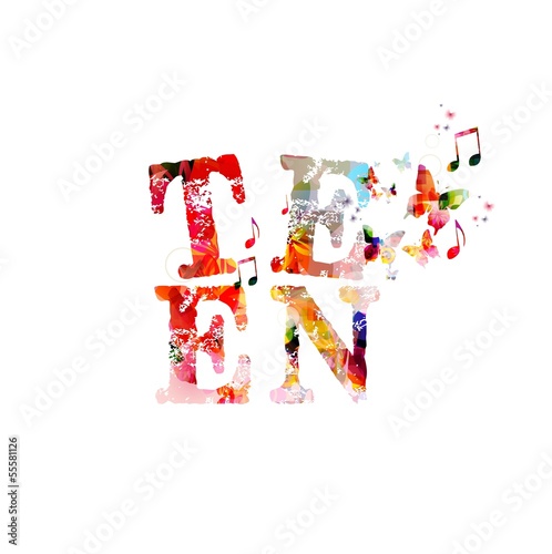 Colorful teen word vector background with butterflies.