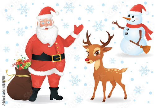 Santa, a deer and a snowman isolated on white.