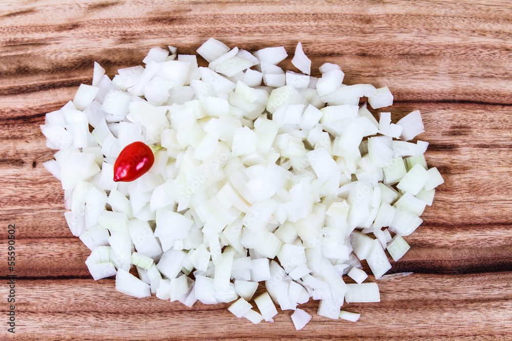 Diced White Onion with a Single Chilli