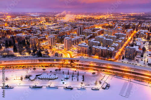 Pink and orange night view of a city