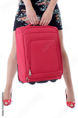 Young Woman Holding a Red Suitcase