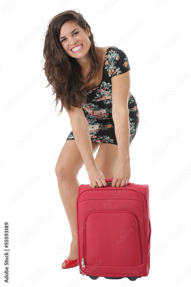 Model Released. Attractive Young Woman Lifting Heavy Suitcase Model Released. Attractive Young Woman Lifting Heavy Suitcase
