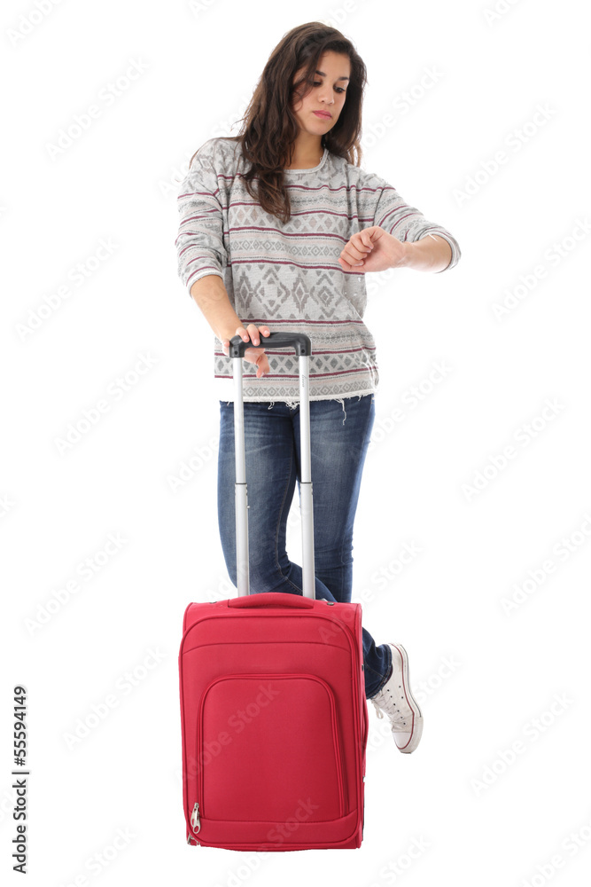 Model Released. Young Woman Alone Waiting With a Red Suitcase Model Released. Young Woman Alone Waiting With a Red Suitcase