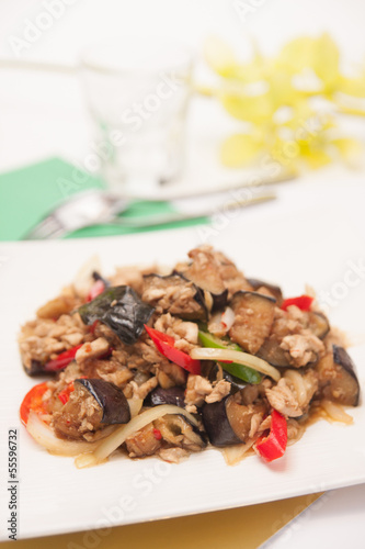 Stir fried egg plant, Thai food.