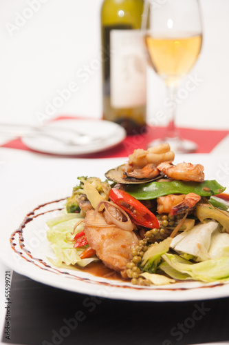 Thai stir fried seafood with Thai herb.