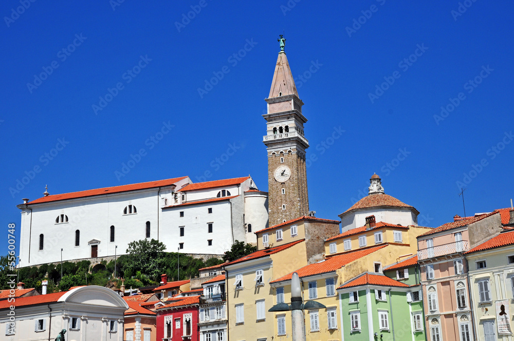 Piran, Pirano, Slovenia - Piazza Tarini e Chiesa di San Giorgio