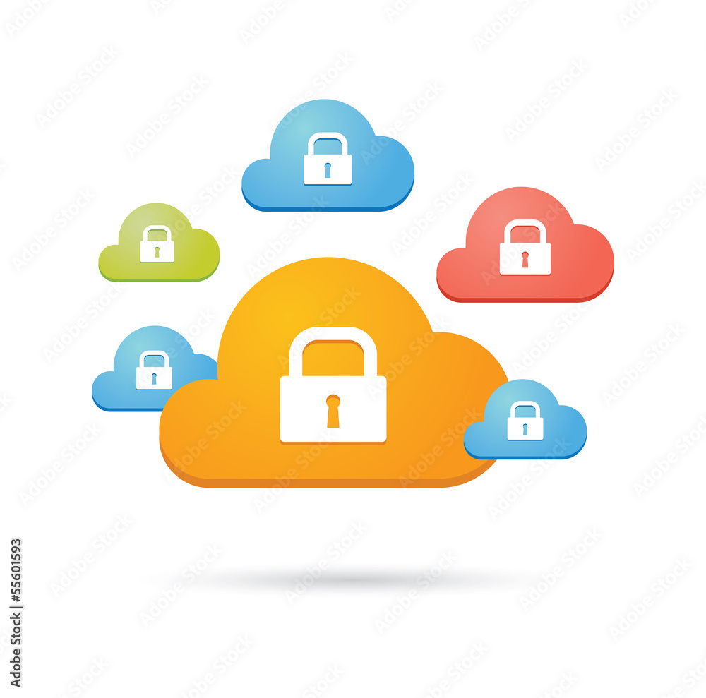Composition of colored clouds with security risk related icons Composition of colored clouds with security risk related icons