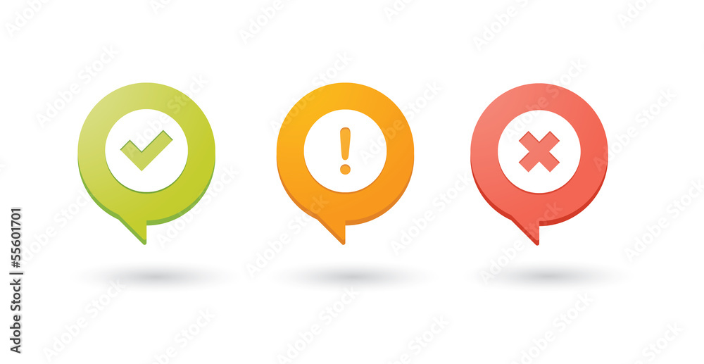 Colored comic balloons with check, alert and cancel icons Colored comic balloons with check, alert and cancel icons