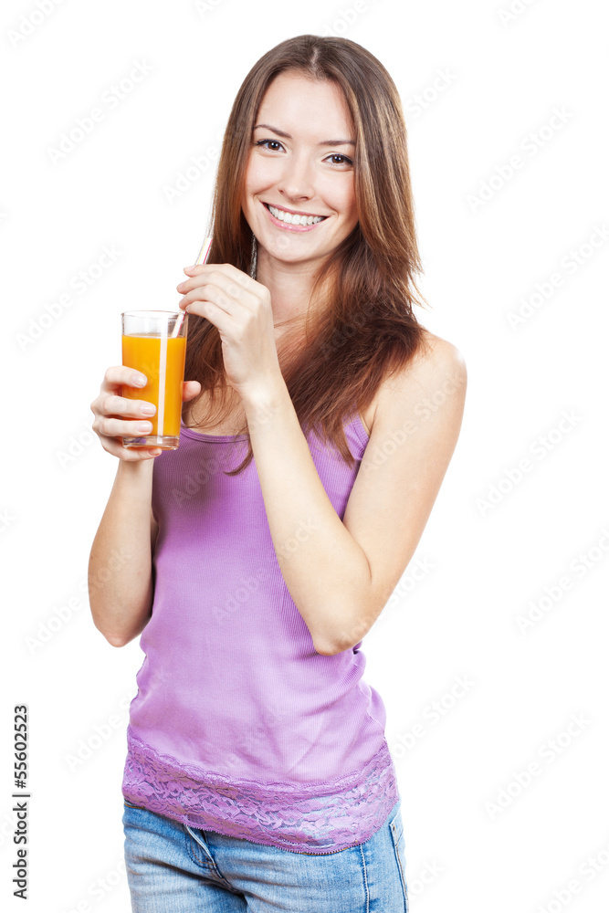 Beautiful brunette woman holding glass of juice Beautiful brunette woman holding glass of juice