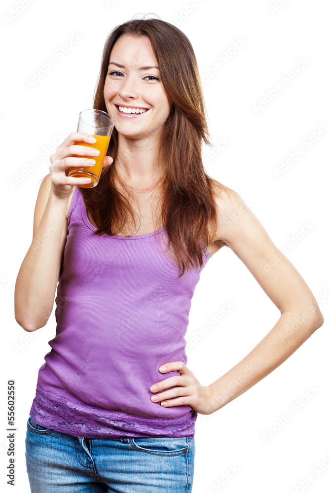 Beautiful brunette woman holding glass of juice Beautiful brunette woman holding glass of juice