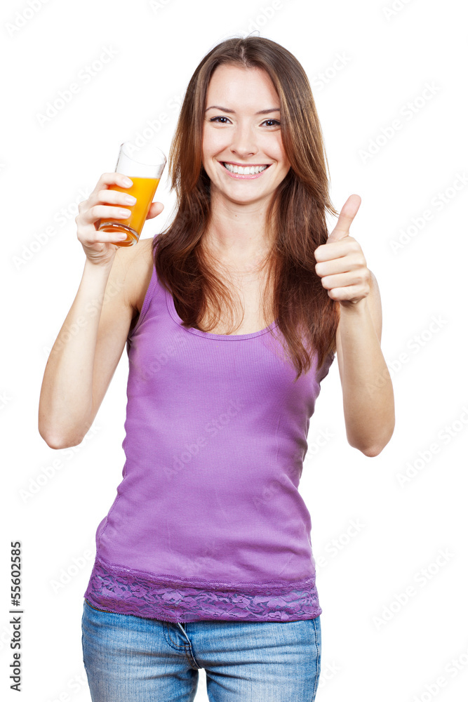 Beautiful brunette woman holding glass of juice Beautiful brunette woman holding glass of juice