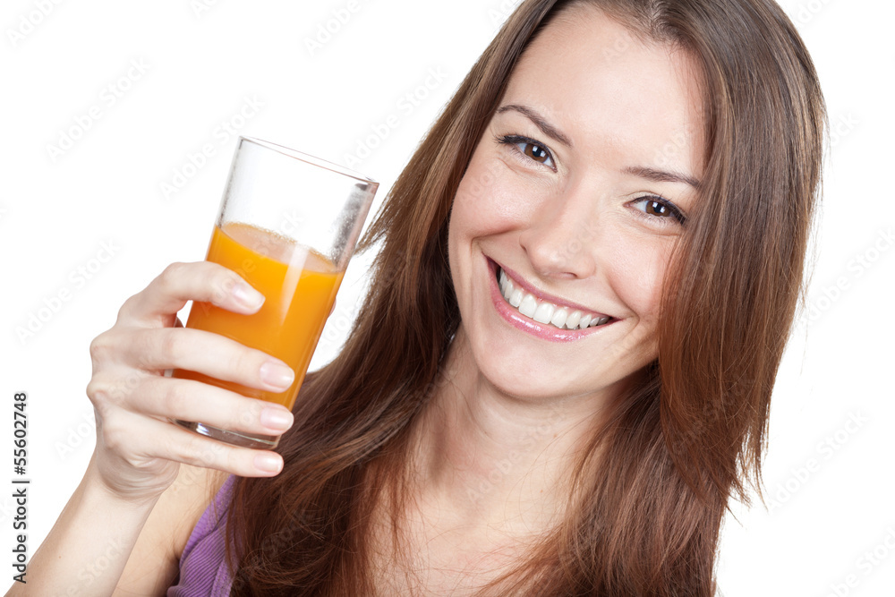Beautiful brunette woman holding glass of juice Beautiful brunette woman holding glass of juice