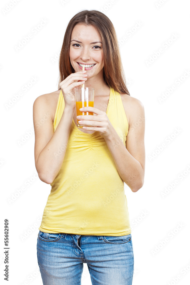Beautiful brunette woman holding glass of juice Beautiful brunette woman holding glass of juice